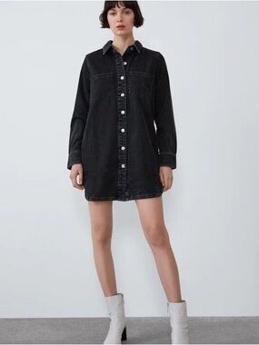 ZARA Black Button-Front Denim Shirt Dress